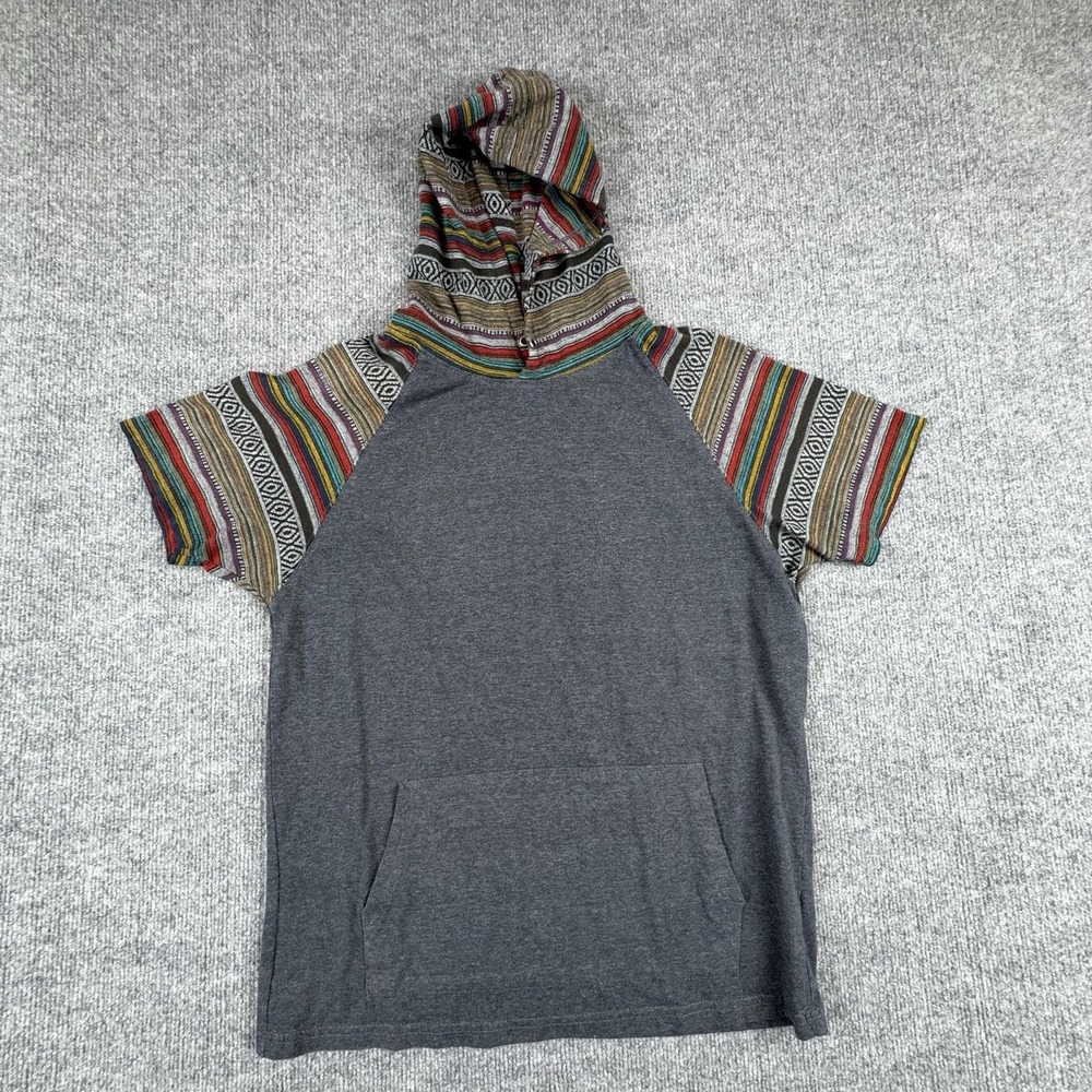 Beautiful Giant Hoodie Mens Medium Gray Baja Stripe Short Sleeve Kangaroo Pocket